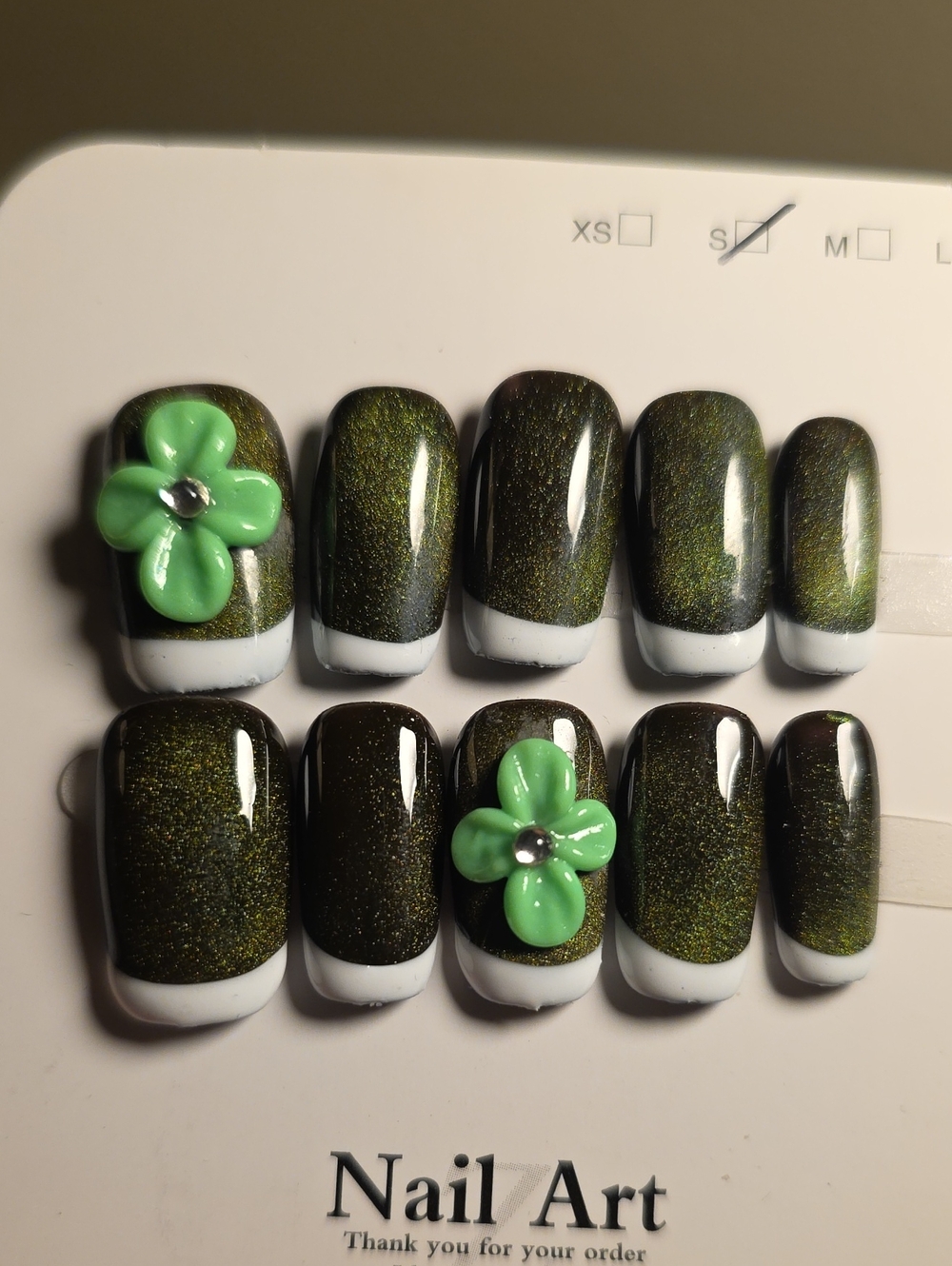 Nail Art Green Glitter French Tip Press-On Nails with Flower Accent Size Small